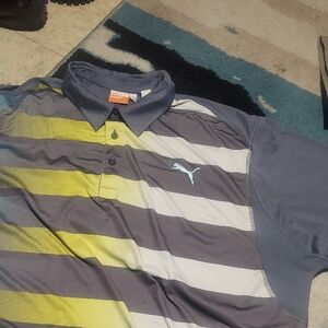 Puma Men's Polo Shirt - Gray and Yellow Stripes